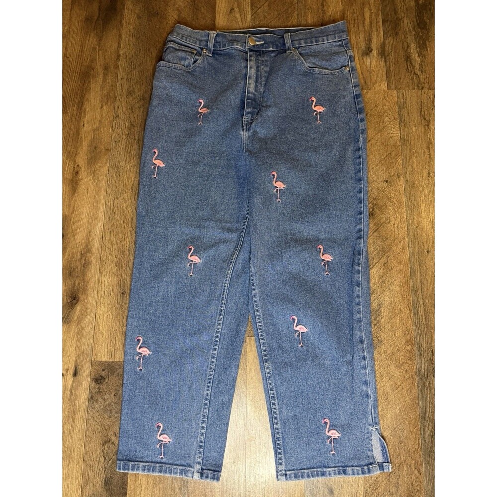 Women's Straight Leg Embroidered Flamingo Jeans - Blue